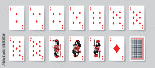 Set of poker rhombus cards. Gambling and casino inventory collection. Blackjack, bridge or other card game. Fortune, chance and luck. Realistic vector illustrations isolated on grey background