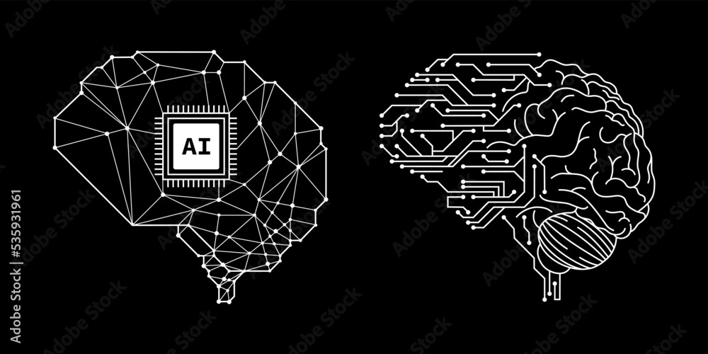 Obraz premium brain in style of Printed circuit board outline illustration. Futuristic artificial intelligence design theme. Modern technology networking for design element
