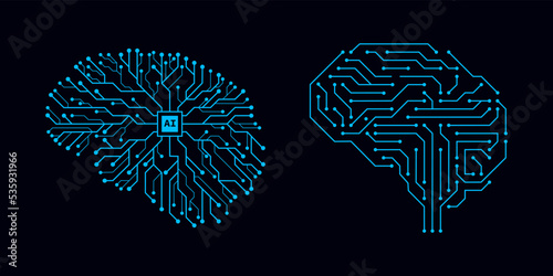 brain in style of Printed circuit board outline illustration. Futuristic artificial intelligence design theme. Modern technology networking for design element