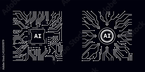 Processor in style of Printed circuit board outline illustration. Futuristic artificial intelligence design theme. Modern technology networking for design element