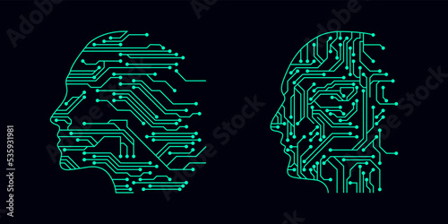 head in style of Printed circuit board outline illustration. Futuristic artificial intelligence design theme. Modern technology networking for design element