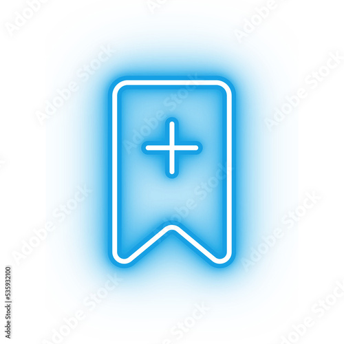 Neon blue bookmark icon, glowing add bookmark icon on transparent background