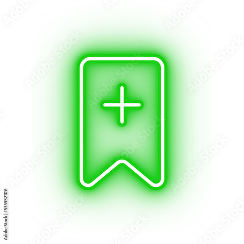 Neon green bookmark icon, glowing add bookmark icon on transparent background