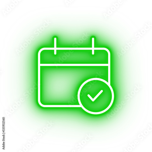 Neon green calendar icon, glowing calendar icon on transparent background