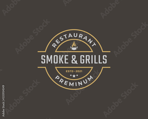 Vintage Retro Badge Emblem Grill Barbeque BBQ Fire flame Logo Design Linear Style