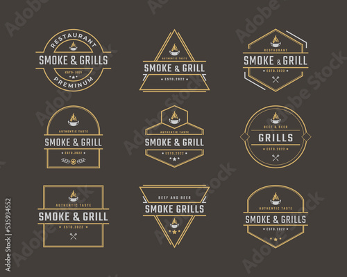 Vintage Retro Badge Emblem Grill Barbeque BBQ Fire flame Logo Design Linear Style