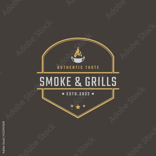Vintage Retro Badge Emblem Grill Barbeque BBQ Fire flame Logo Design Linear Style