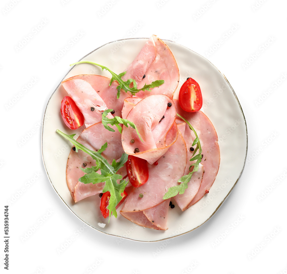 Plate with slices of tasty ham on white background Plate with slices of tasty ham on white background