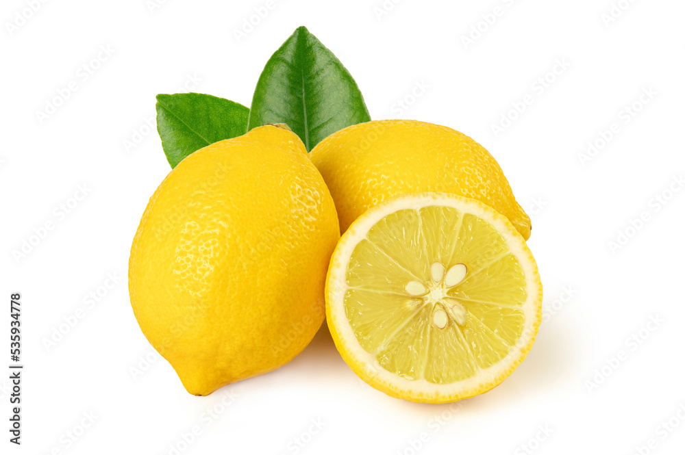 Lemon with half and leaves on white background.
