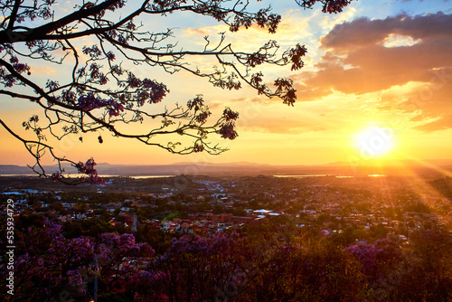 beautiful sunset, sun behind of mountains with branch of tree in first plane and city in the foreground with a lake, san miguel de allende guanajuato photo
