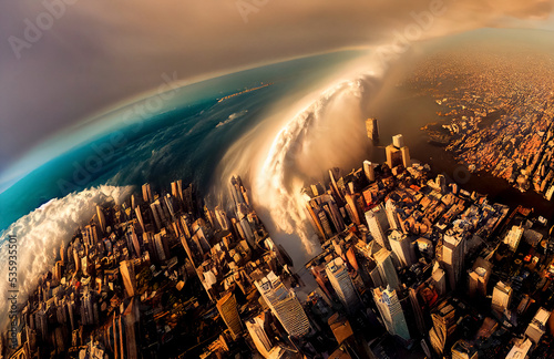 A tsunami hit a small seaside town. Apocalyptic dramatic background,  giant tsunami waves, dark stormy sky, Tornado. Huge waves Tsunami Big waves. 