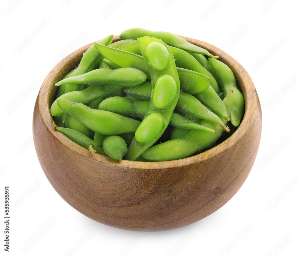 Bowl with green edamame pods on white background Bowl with green edamame pods on white background