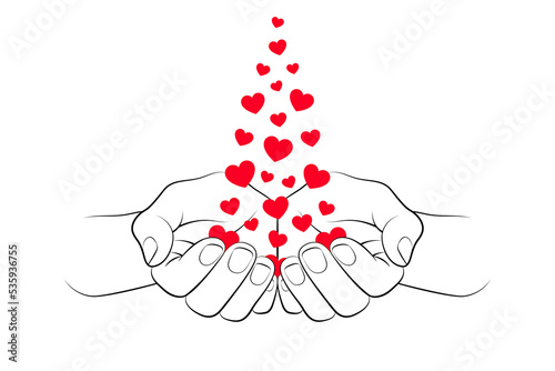 Red hearts are falling in cupped palms over white background