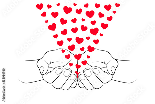 Red hearts are flying out from cupped palms over white background