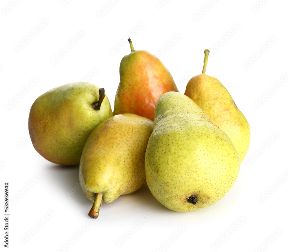Heap of ripe pears isolated on white background