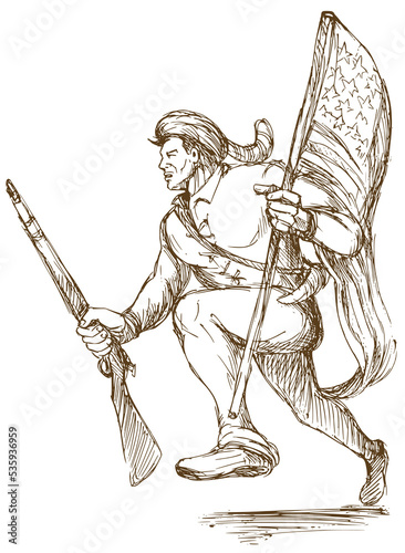 hand drawn illustraion of a daniel boone american revolutionary carrying flag of united states of america photo
