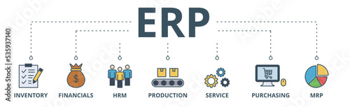 ERP banner web icon vector illustration concept for enterprise resource planning with icon of inventory, financials, hrm, production, service, purchasing, and mrp