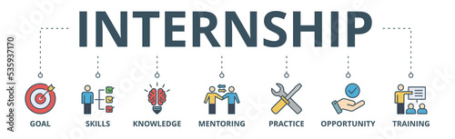 Internship banner web icon vector illustration concept with icon of goal, skills, knowledge, mentoring, practice, opportunity, and training