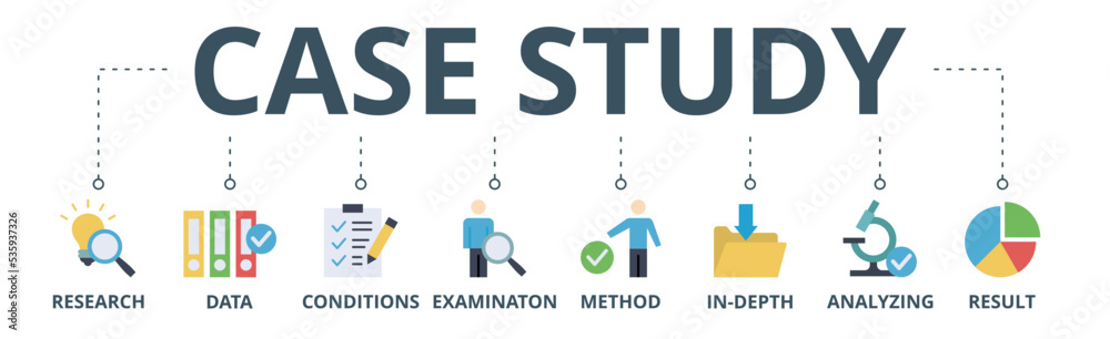 Case study banner web icon vector illustration concept with icon of research, data, conditions, examination, method, in-depth, analyzing, and result Case study banner web icon vector illustration concept with icon of research, data, conditions, examination, method, in-depth, analyzing, and result