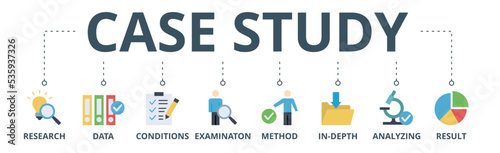 Case study banner web icon vector illustration concept with icon of research, data, conditions, examination, method, in-depth, analyzing, and result