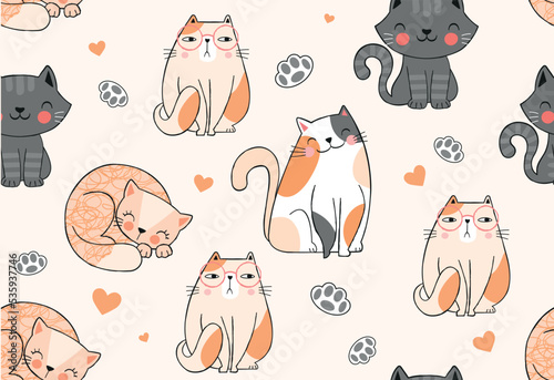 Cats seamless pattern. Repeating design element for printing on gift paper. Mammals, kittens, pets and animals. Charming, adorable and cute characters for children. Cartoon flat vector illustration