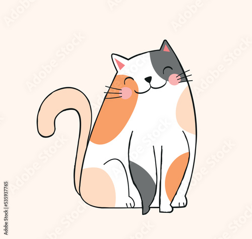 Colorful cat icon. Friendly gray orange white kitten, love for animals and mammals, adorable pet. Sticker for social networks. Cheerful and greeting character. Cartoon flat vector illustration