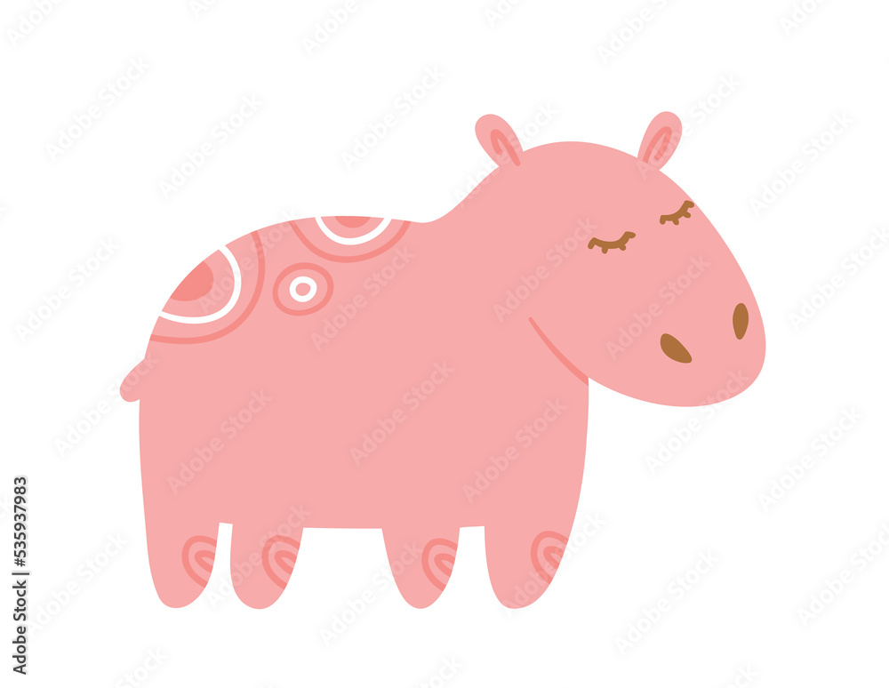 Cute pink hippopotamus. Charming toy or mascot for children. Minimalistic style. Poster or banner for website. Animals, fauna and wildlife. Social media sticker. Cartoon flat vector illustration Cute pink hippopotamus. Charming toy or mascot for children. Minimalistic style. Poster or banner for website. Animals, fauna and wildlife. Social media sticker. Cartoon flat vector illustration