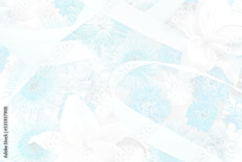 Flowers and ribbons.Blue embossed illustration. 3D illustration. 3D render