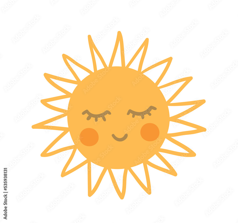 Cute sun icon. Summer or spring season. Good weather. Graphic elements for printing on clothes. Childrens minimalist drawing, hand drawn. Social media sticker. Cartoon flat vector illustration Cute sun icon. Summer or spring season. Good weather. Graphic elements for printing on clothes. Childrens minimalist drawing, hand drawn. Social media sticker. Cartoon flat vector illustration
