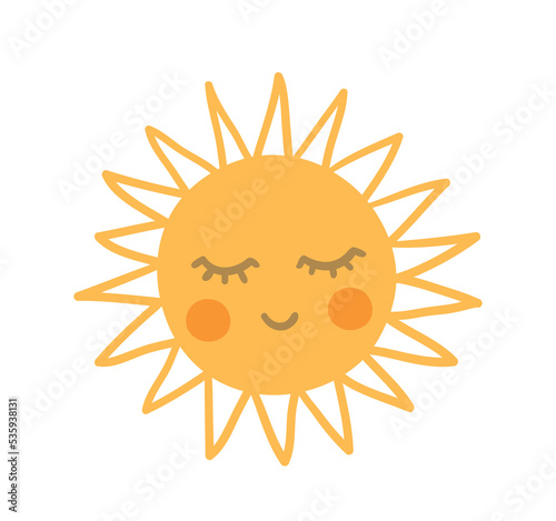 Cute sun icon. Summer or spring season. Good weather. Graphic elements for printing on clothes. Childrens minimalist drawing, hand drawn. Social media sticker. Cartoon flat vector illustration