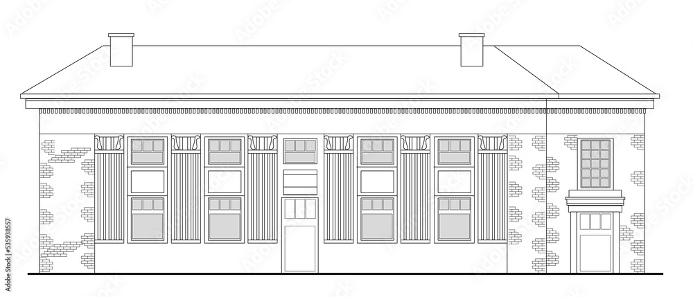 line drawing illustration of a strip mall or shopping center building viewed from front elevation on white background line drawing illustration of a strip mall or shopping center building viewed from front elevation on white background