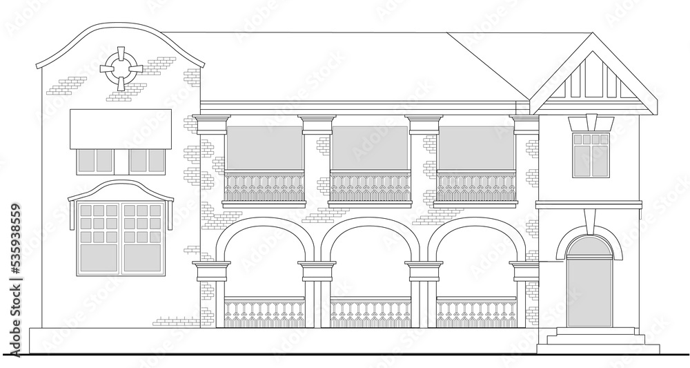 line drawing illustration of a commercial office building or shopping center building viewed from front elevation on white background