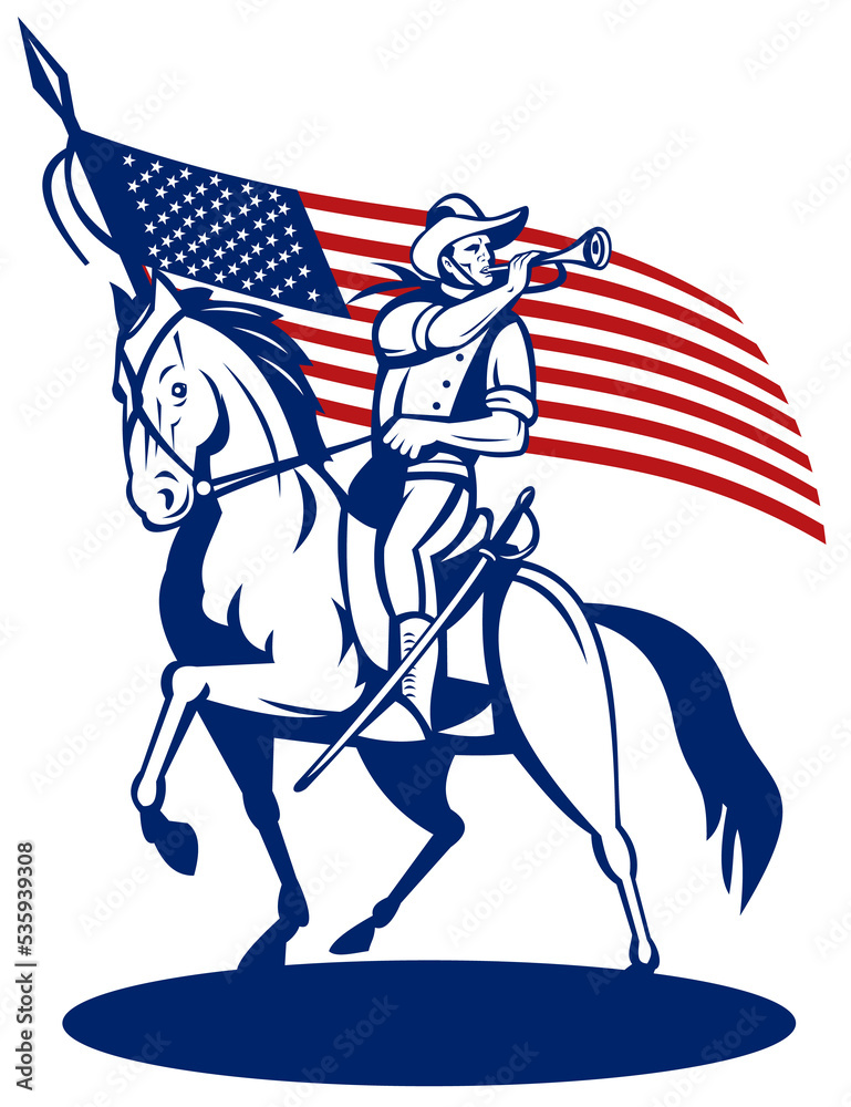 illustration of a American cavalry riding horse blowing a bugle and stars and stripes flag in background - obrazy, fototapety, plakaty 