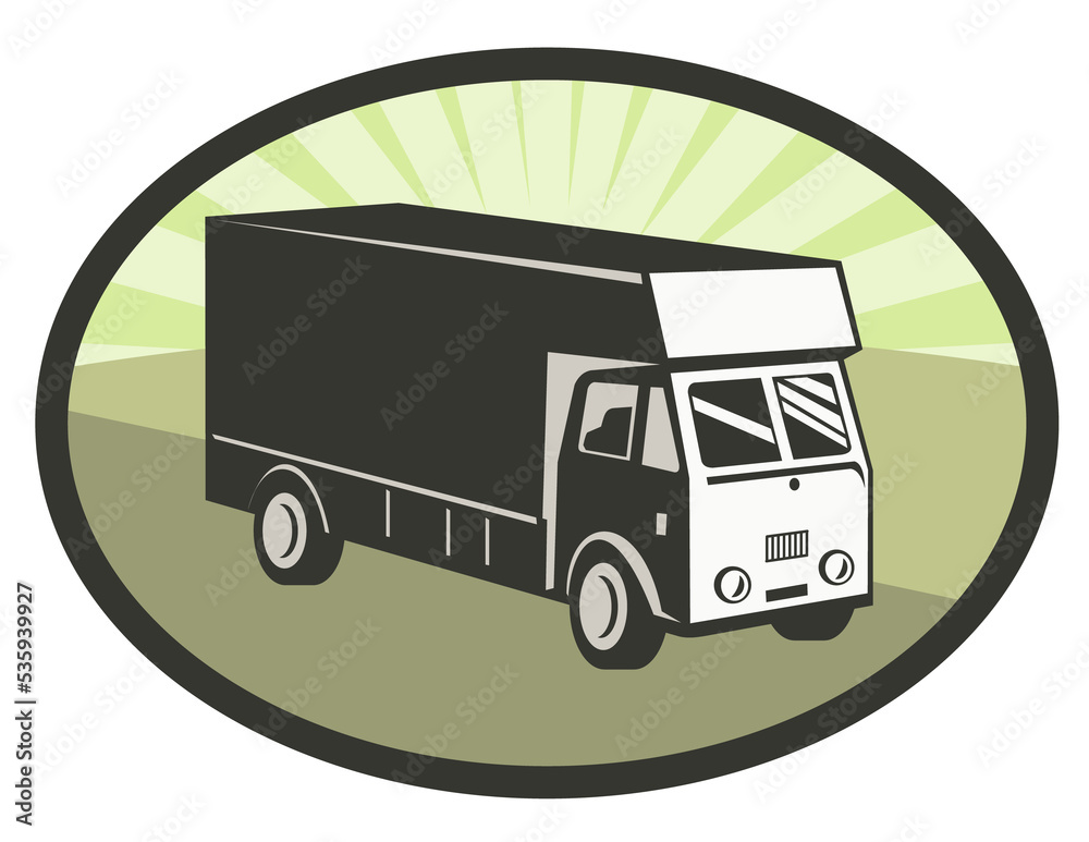 illustration of a delivery van viewed from a high angle set inside an ellipse