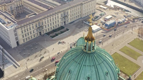 Aerial view of the Berliner dome cathedral in the Museuminsel and Humboldt Forum, Berliner Schloss in the background in Mitte, Berlin, Germany photo