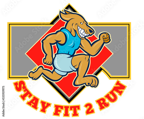 cartoon illustration of a Dog running jogging with shield in background with wording "stay fit to run" © patrimonio designs