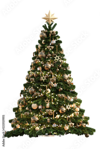 Golden christmas tree isolated on transparent