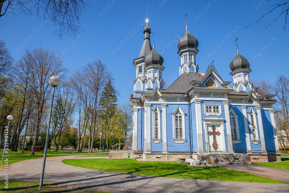 beautiful Orthodox church in Druskininkai city at sunrise, Lithuania