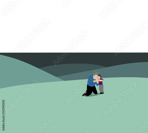Grandfather hugging his grandson with love on mountain. Generations & family relationship. Spend time with family.