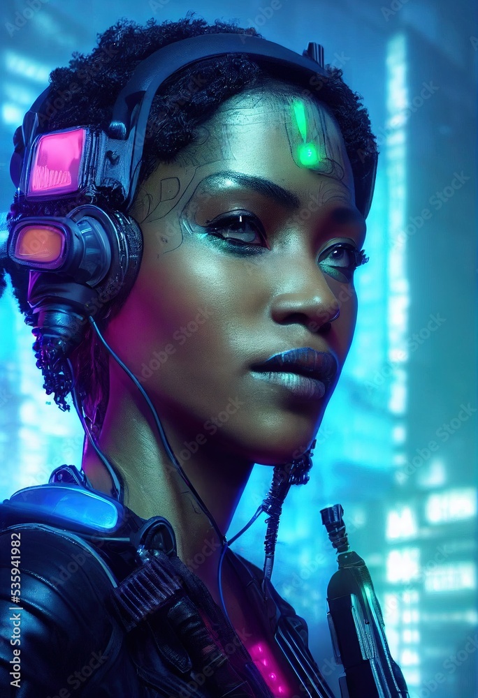A fictional portrait of a sci-fi cyberpunk girl against a backdrop of neon  lights. High-tech futuristic woman from the future. The concept of virtual  reality and cyberpunk. 3D render. Illustration Stock