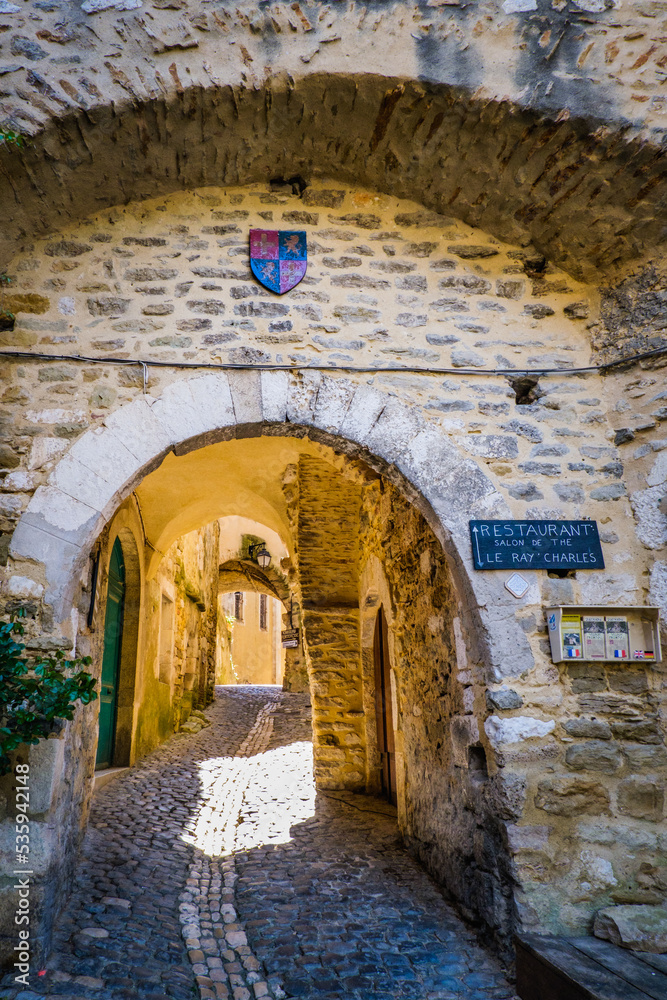 Naklejka premium Narrow paved street and old houses in the medieval village of Saint Montan in the south of France (Ardeche)