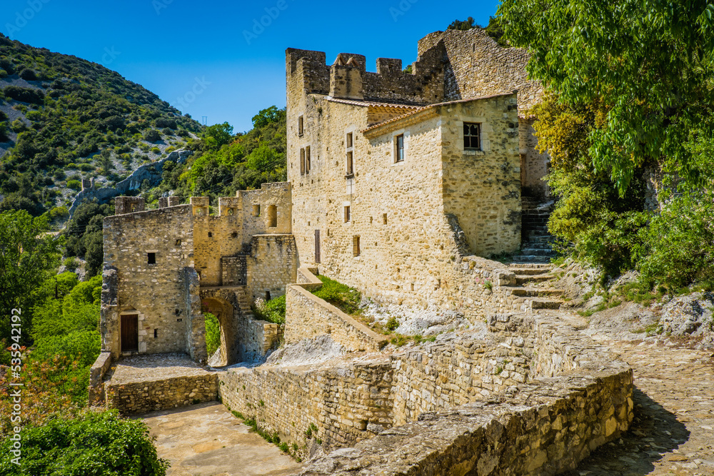 View on the medieval castle at the top of the smal village of Saint Montan in the South of France (Ardeche)