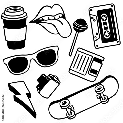 90's, 80's style vector isolated objects. Hand drawn illustrations and stickers.