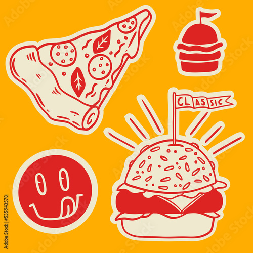 Burger and pizza hand drawn illustration. Doodle vector set.