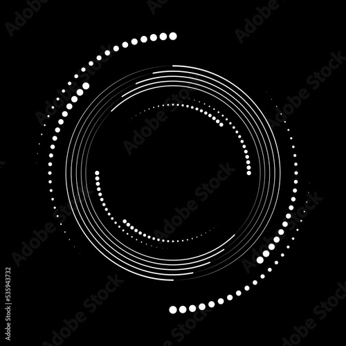 Abstract white halftone dots in circle form. Geometric art. Trendy design element for dotted frame, technology logo, tattoo, sign, symbol, web, prints, template, pattern and abstract background