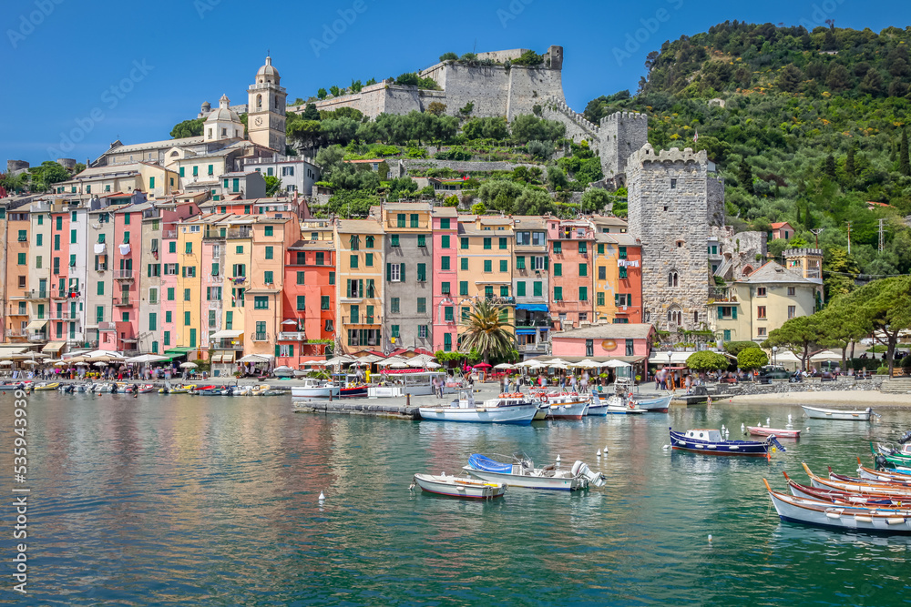 Harbor at Portovenere, Cinque Terre, Liguria, Italy with boats