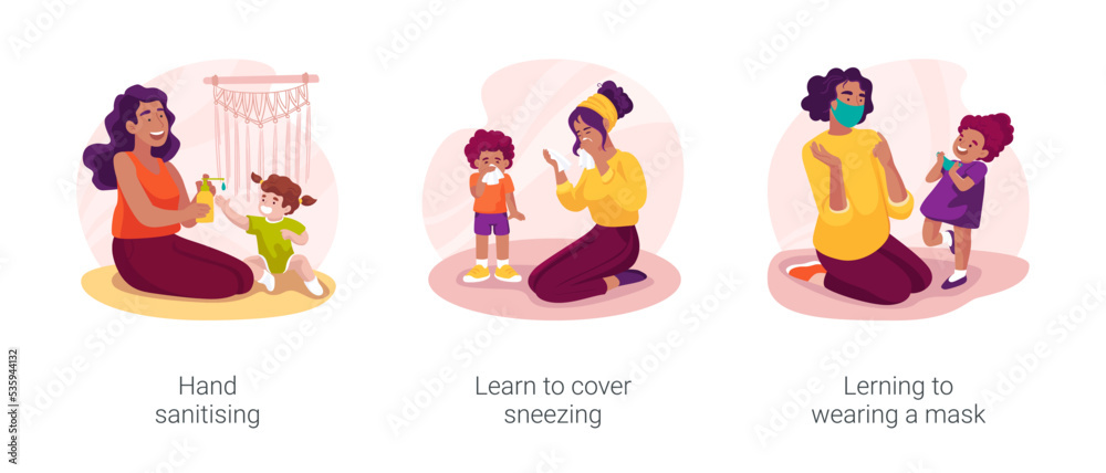Personal hygiene skills in early education isolated cartoon vector illustration set