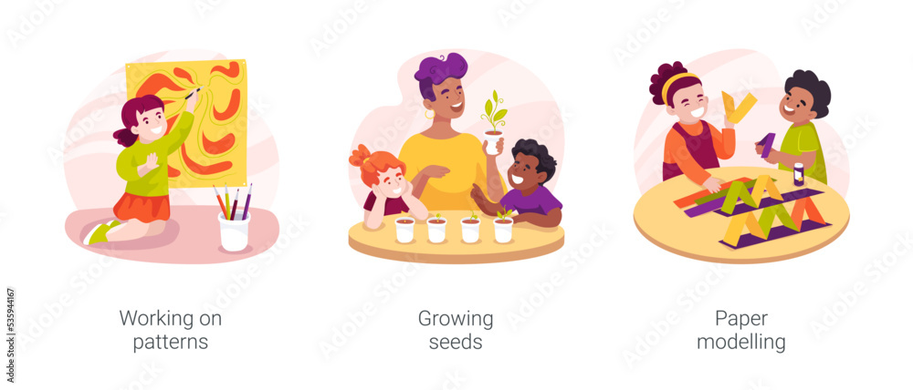 Thinking and learning skills development in daycare isolated cartoon vector illustration set