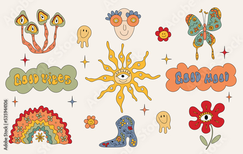 Vector set of hippie design elements.Positive retro stickers.Flower,mushrooms,sun,butterfly,rainbow.