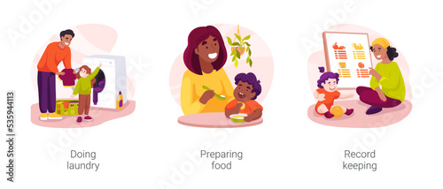 In-home caregivers house chores help isolated cartoon vector illustration set